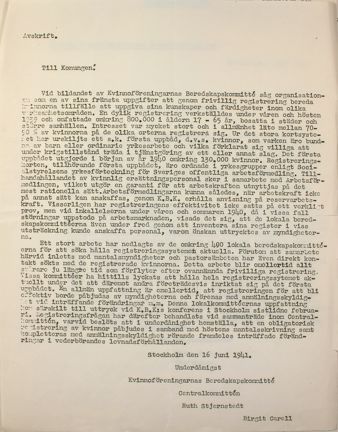 Brev till kungen från Kvinnliga Beredskapskommittén 1941