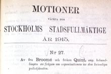 Motion angående den kvinnliga polistjänsten - Stadsfullmäktige 1915