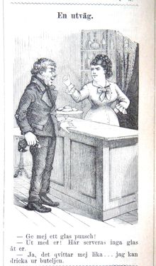 En utväg. Bildskämt om drucken man i Söndags-Nisse – Illustreradt Veckoblad för Skämt, Humor och Satir, nr 42, den 20 oktober 1878