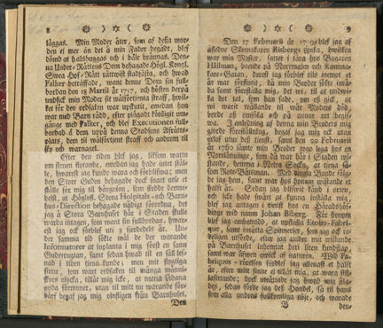 Uppslag ur boken "Den Uti Smediegårds-häktet nu fängslade ryktbare Bedragaren och Tiufwen Jacob Guntlacks lefwernes-Beskrifvning af honom själv författad".