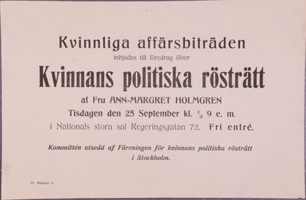 Inbjudan till rösträttmöte för kvinnliga affärsbiträden