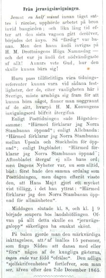 Från jernvägsinvigningen. Notis i Söndags-Nisse – Illustreradt Veckoblad för Skämt, Humor och Satir, nr 39, den 23 september 1866