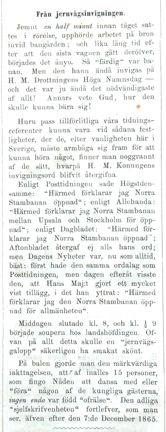 Från jernvägsinvigningen. Notis i Söndags-Nisse – Illustreradt Veckoblad för Skämt, Humor och Satir, nr 39, den 23 september 1866