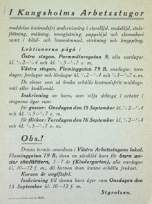 Kungsholms arbetsstuga - schema 1926
