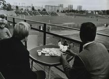 Farsta idrottsplats: Utsikt över fotbollsplan, september 1970