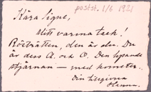Hanna Arpi skriver och tackar Signe Bergman rösträttsåret 1921