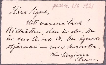 Brev från Hanna Arpi till Signe Bergman 1921