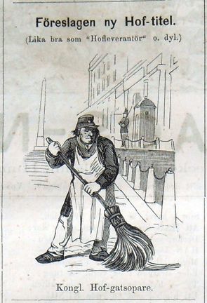Föreslagen ny Hof-titel. (Lika bra som Hofleverantör o. dyl.). Bildskämt i Söndags-Nisse – Illustreradt Veckoblad för Skämt, Humor och Satir, nr 34, den 19 augusti 1866