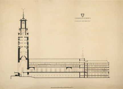 Ritning "Stockholms stadshus. Längdsektion genom Södra längan." (uppmätningsritning 1923)