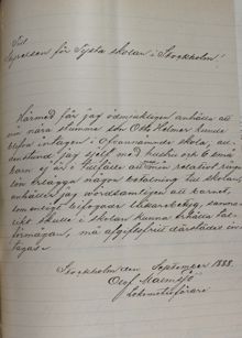 Tysta skolan - ansökan om plats för Otto Helmer 1888
