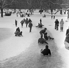 Vinter i Humlegården. Barnen leker och åker kana