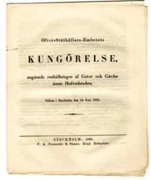 Öfver-Ståthållare-Embetets kungörelse, angående renhållningen af gator och gårdar inom hufvudstaden: gifven i Stockholm den 14 juni 1861