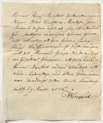 Intyget som berättar om Lovisa Ulrikas godkännande av äktenskap mellan svart man och vit kvinna 1776 