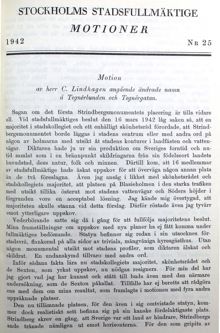 Motion om att Tegnérlunden bör byta namn till Strindbergslunden - stadsfullmäktige 1942