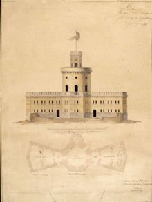 Ritning till nybyggnad på Kastellholmen. Elevation mot söder. Påtecknad av G. Jungmarker 30 April 1846.