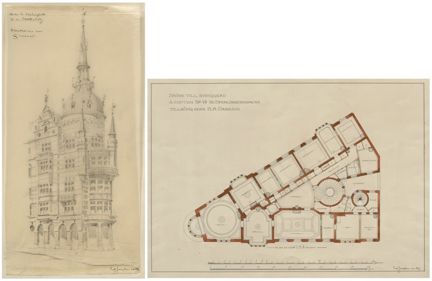 Perspektivskiss i blyerts av hörnfasaden på tunt transparent papper som gulnat med tiden.