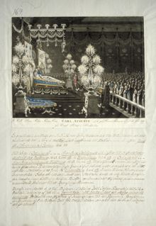 Kronprins Carl August på lit de parade på Stockholms slott, juni 1810.