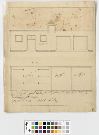 Bygglovsritning på papper i rött, gult och grått