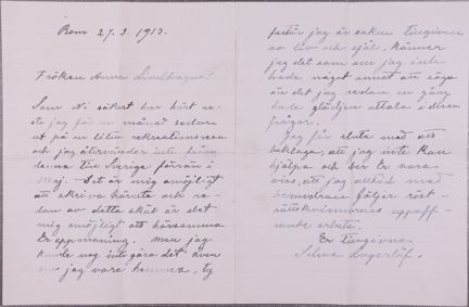 Brev från Selma Lagerlöf till Anna Lindhagen 1913