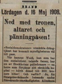 Ned med tronen, altaret och pänningpåsen - pressklipp 1908