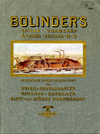 Text i guld på grön bakgrund och en bild på en fabriksbyggnad. 