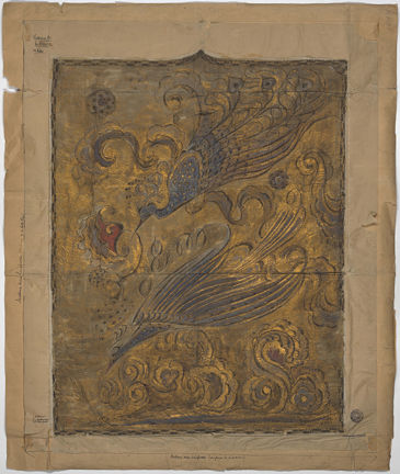 Mörk skiss med mycket guld, bilden formas av svart och detaljer i blått och rött. Utanför den målade bilden: titel i övre vänster hörn, stämplar i nedre höger hörn. Anvisningar på sidor och under. 