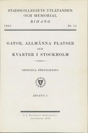 Framsida till Bihang 15, Stadskollegiets utlåtanden och memorial år 1935