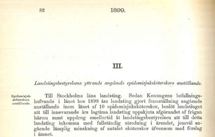 Ett tryckt yttrande från Landstingsbestyrelsen som gäller frågan om epidemisjuksköterskors anställande