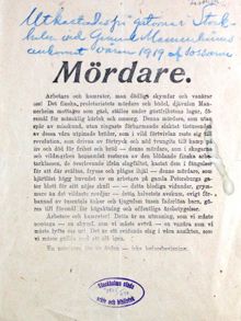 "Mördare." - pamflett om Gustaf Mannerheim inför dennes Stockholmsbesök 1919