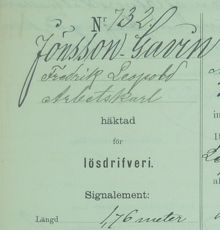 Arbetskarlen Fredrik Leopold Jönsson-Gavin häktad för lösdriveri 21 oktober 1886 - polisförhör