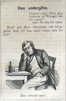 Den undergifne! Bildskämt om höjda ölpriser i Söndags-Nisse – Illustreradt Veckoblad för Skämt, Humor och Satir, nr 42, den 14 oktober 1866