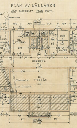 Ritning, utsnitt, paviljong 10 B, källarplan, Beckomberga sjukhus