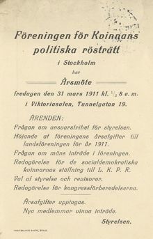 Årsmöte för Landsföreningen för kvinnans politiska rösträtt LKPR - 1911 