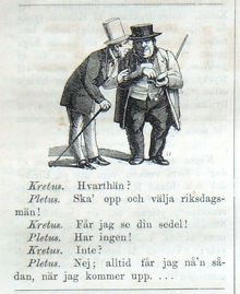 Kretus och Pletus inför riksdagsvalet. Illustrerad satirisk dialog i Söndags-Nisse – Illustreradt Veckoblad för Skämt, Humor och Satir, nr 38, den 16 september 1866