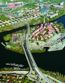 Flygfoto över Lilla Essingen med Fredhäll i bakgrunden