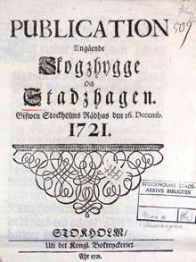 "Publication angående Skogzhygge och Stadzhagen" 1721